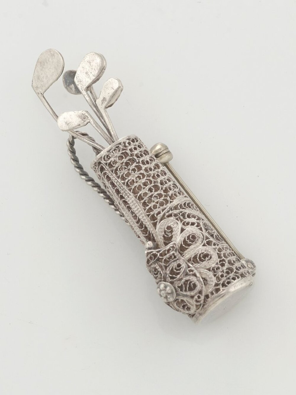 Vintage Sterling Silver Filigree Ladies' Golf Bag Brooch Pin 925